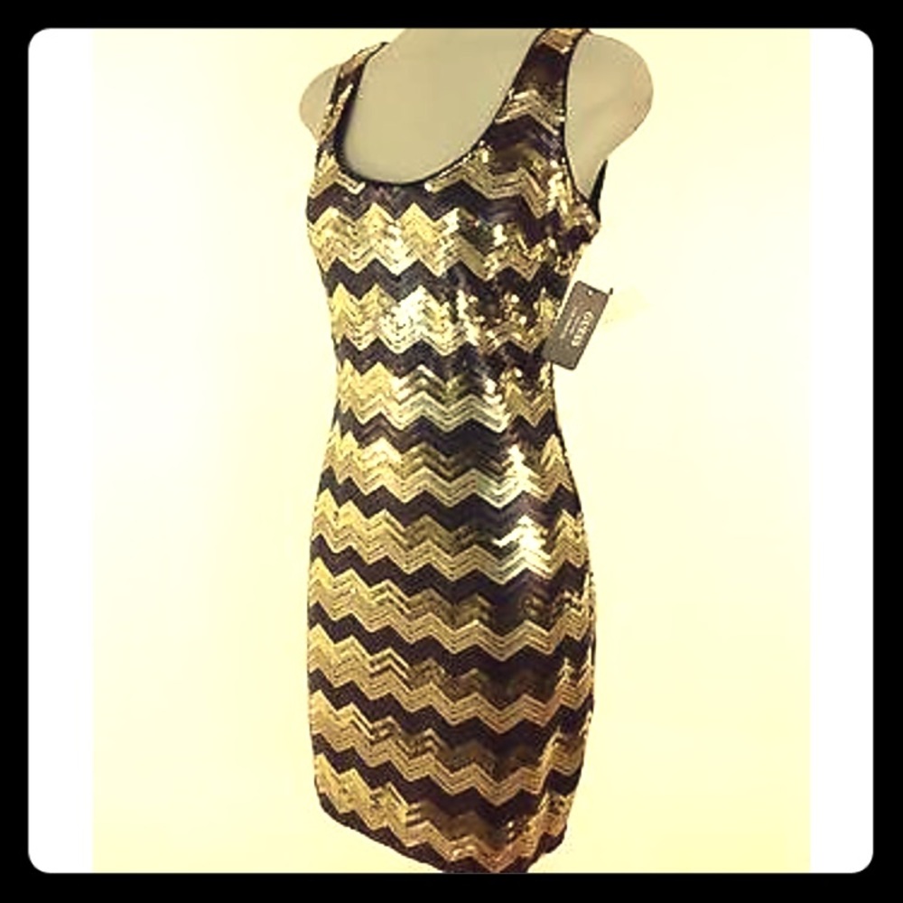 GUESS SEQUINED CHEVRON DRESS, GOLD/BLACK SIZE US 2